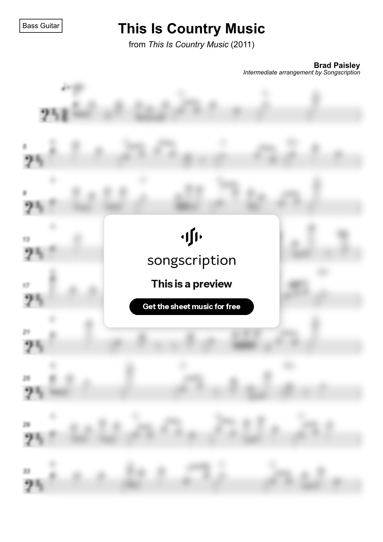 Intermediate Bass Guitar Sheet Music for "This Is Country Music" by Brad Paisley