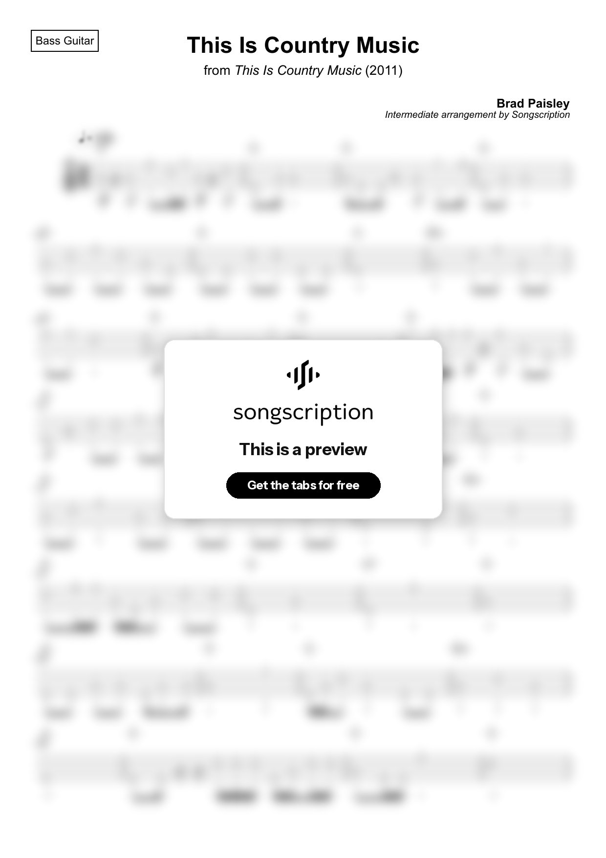Intermediate Bass Guitar Tabs for "This Is Country Music" by Brad Paisley