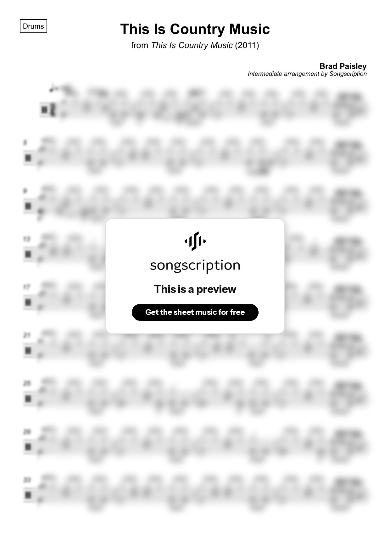 Intermediate Drums Sheet Music for "This Is Country Music" by Brad Paisley