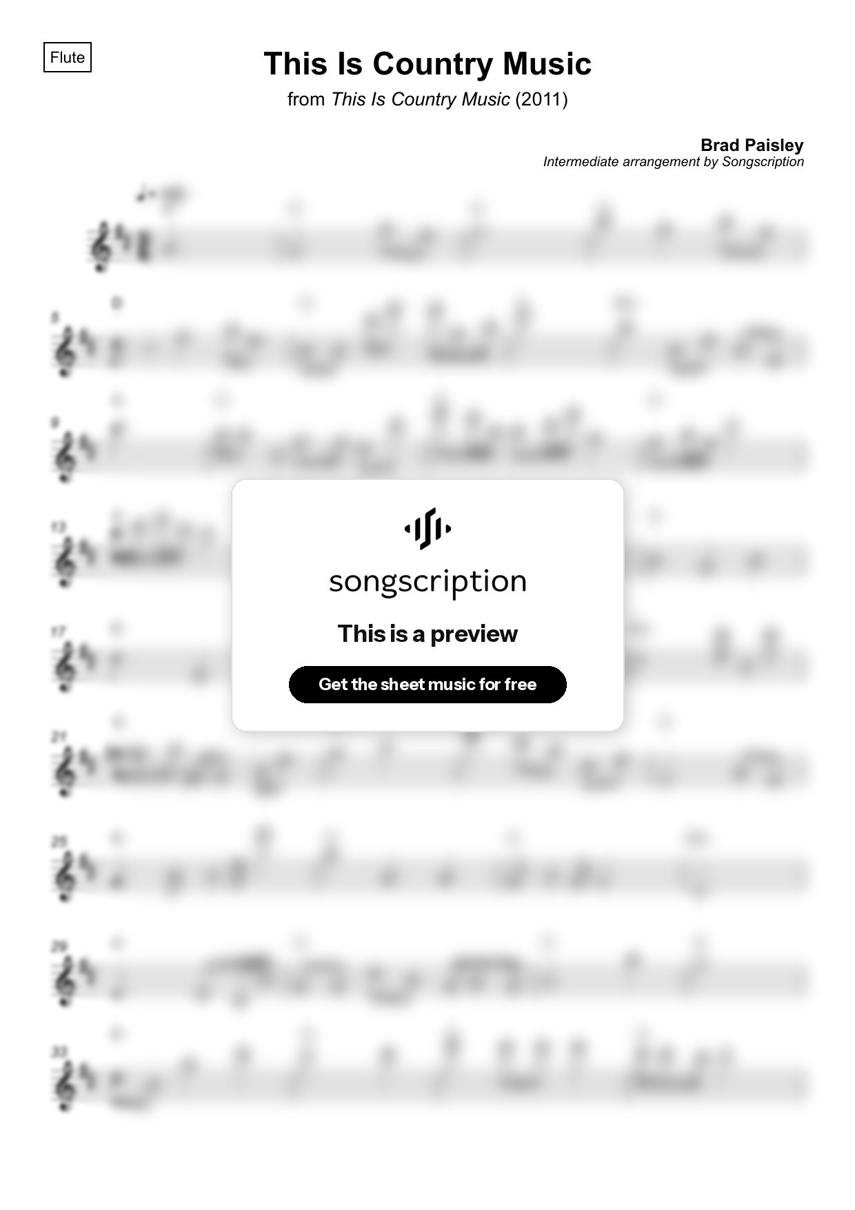 Intermediate Flute Sheet Music for "This Is Country Music" by Brad Paisley