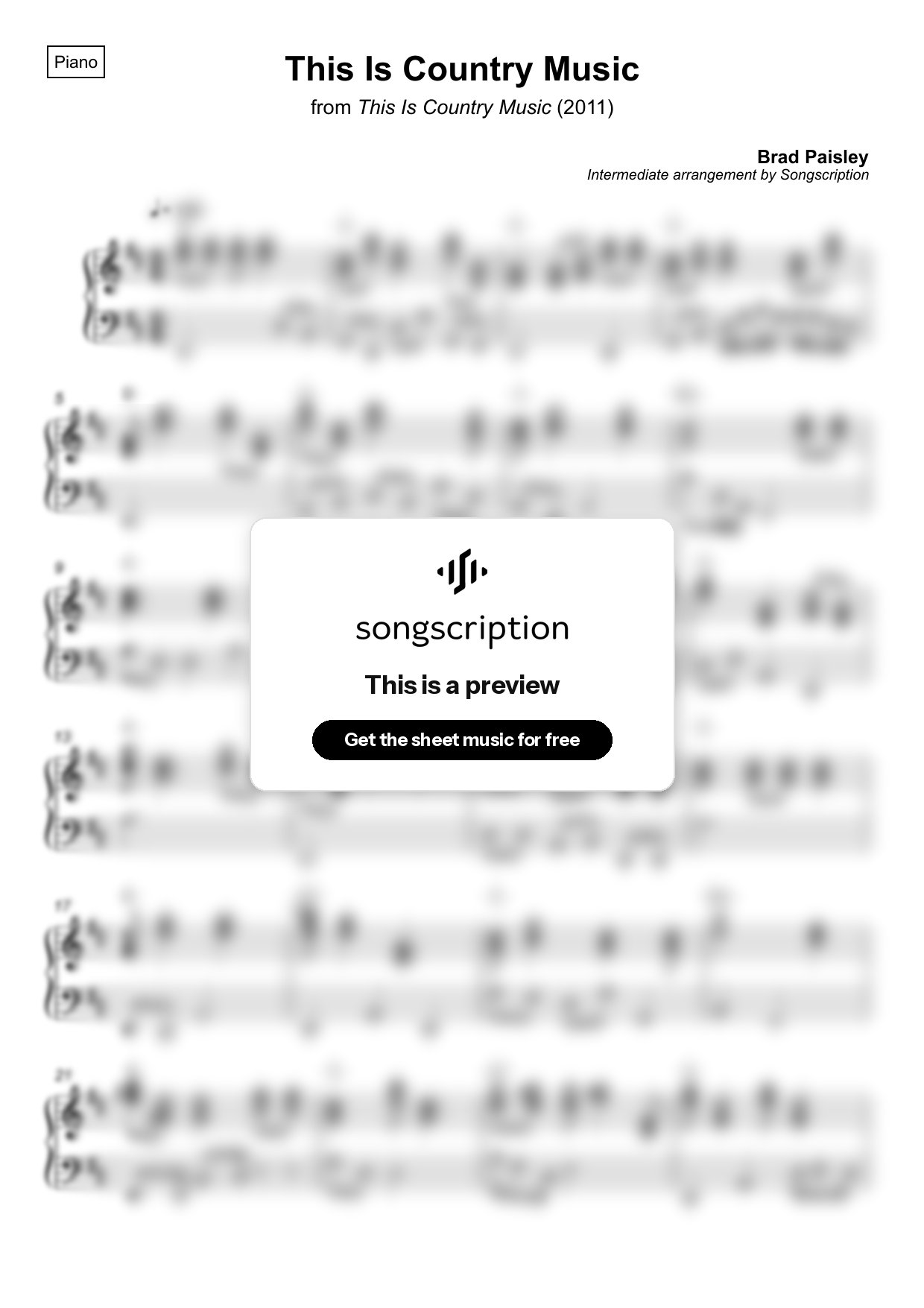 Intermediate Piano Sheet Music for "This Is Country Music" by Brad Paisley