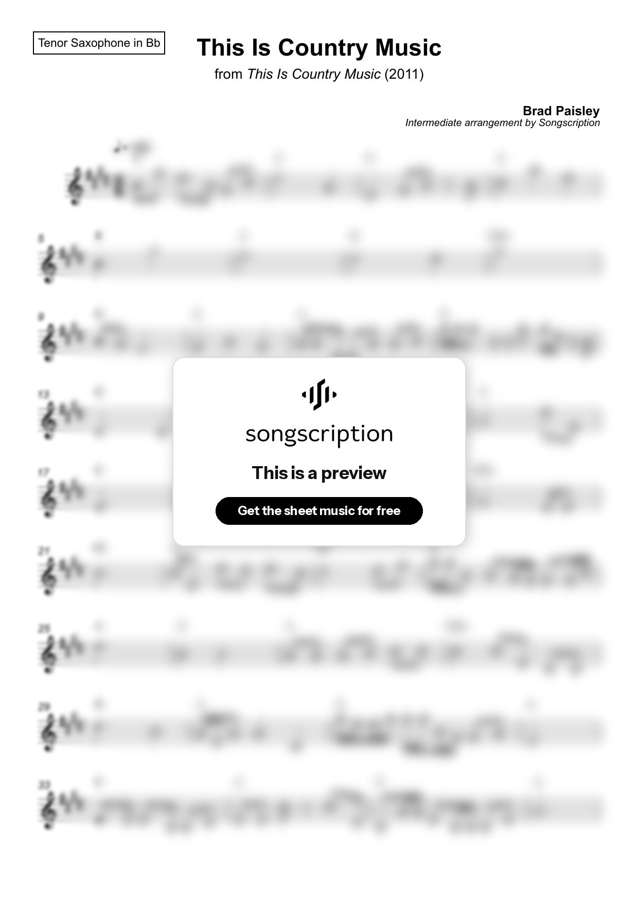 Intermediate Tenor Sax Sheet Music for "This Is Country Music" by Brad Paisley