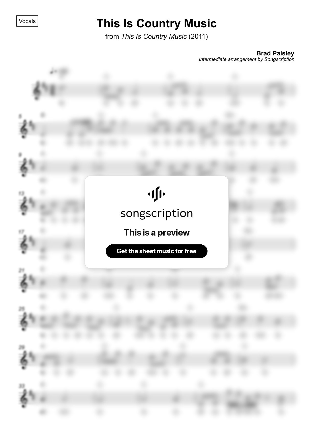Intermediate Vocals Sheet Music for "This Is Country Music" by Brad Paisley