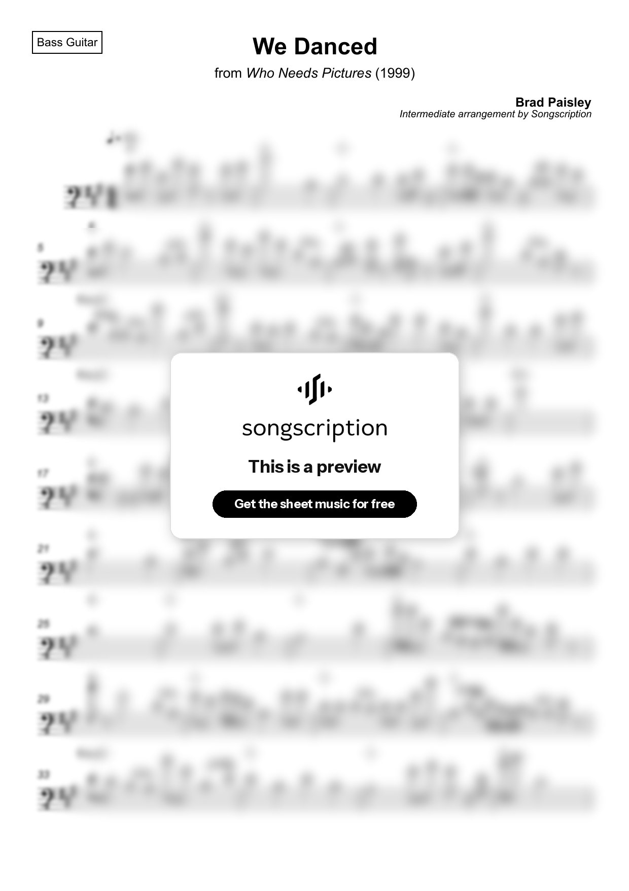 Intermediate Bass Guitar Sheet Music for "We Danced" by Brad Paisley