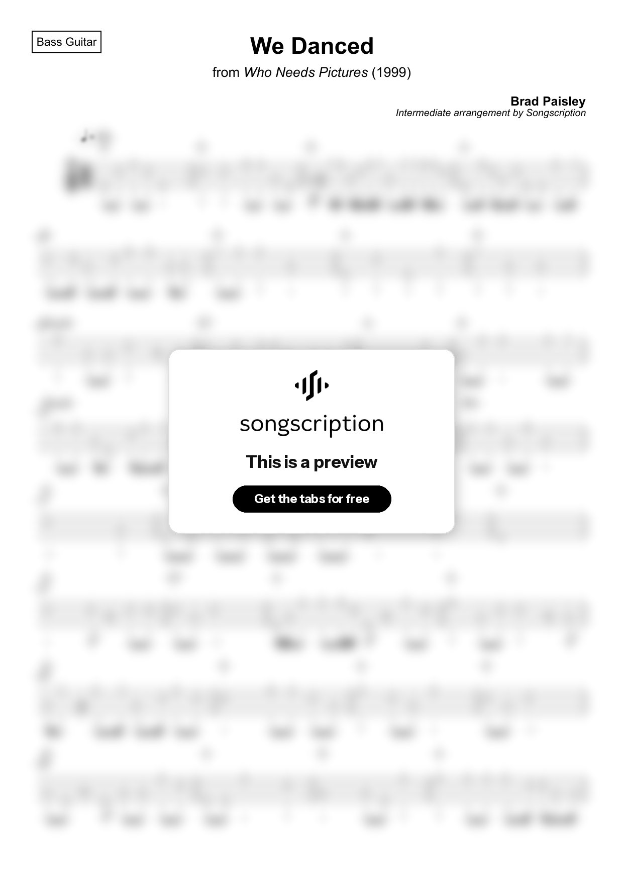 Intermediate Bass Guitar Tabs for "We Danced" by Brad Paisley