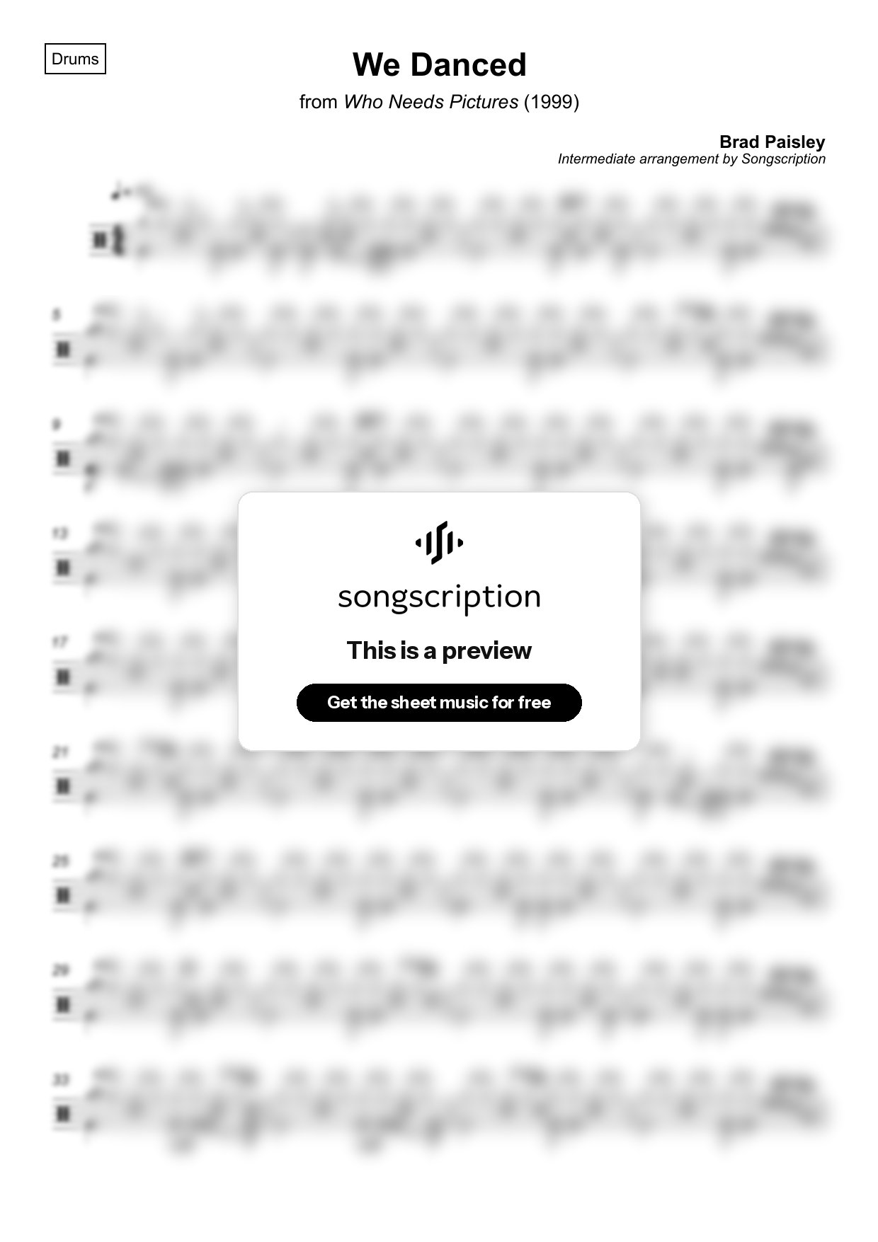 Intermediate Drums Sheet Music for "We Danced" by Brad Paisley