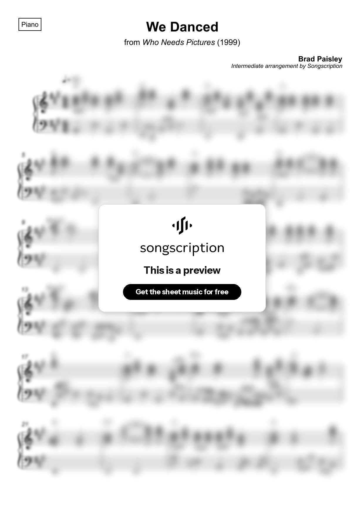 Intermediate Piano Sheet Music for "We Danced" by Brad Paisley