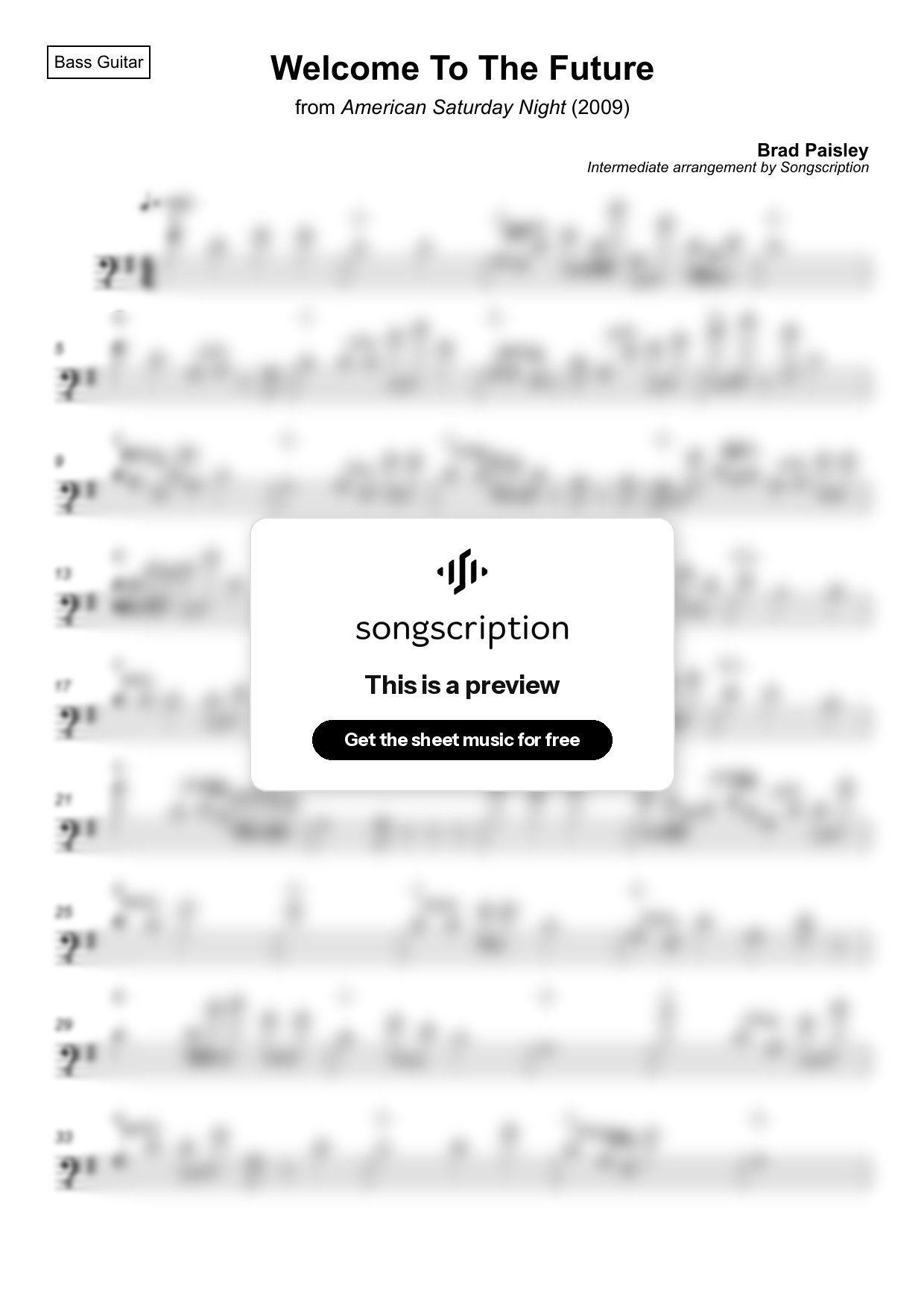 Intermediate Bass Guitar Sheet Music for "Welcome To The Future" by Brad Paisley