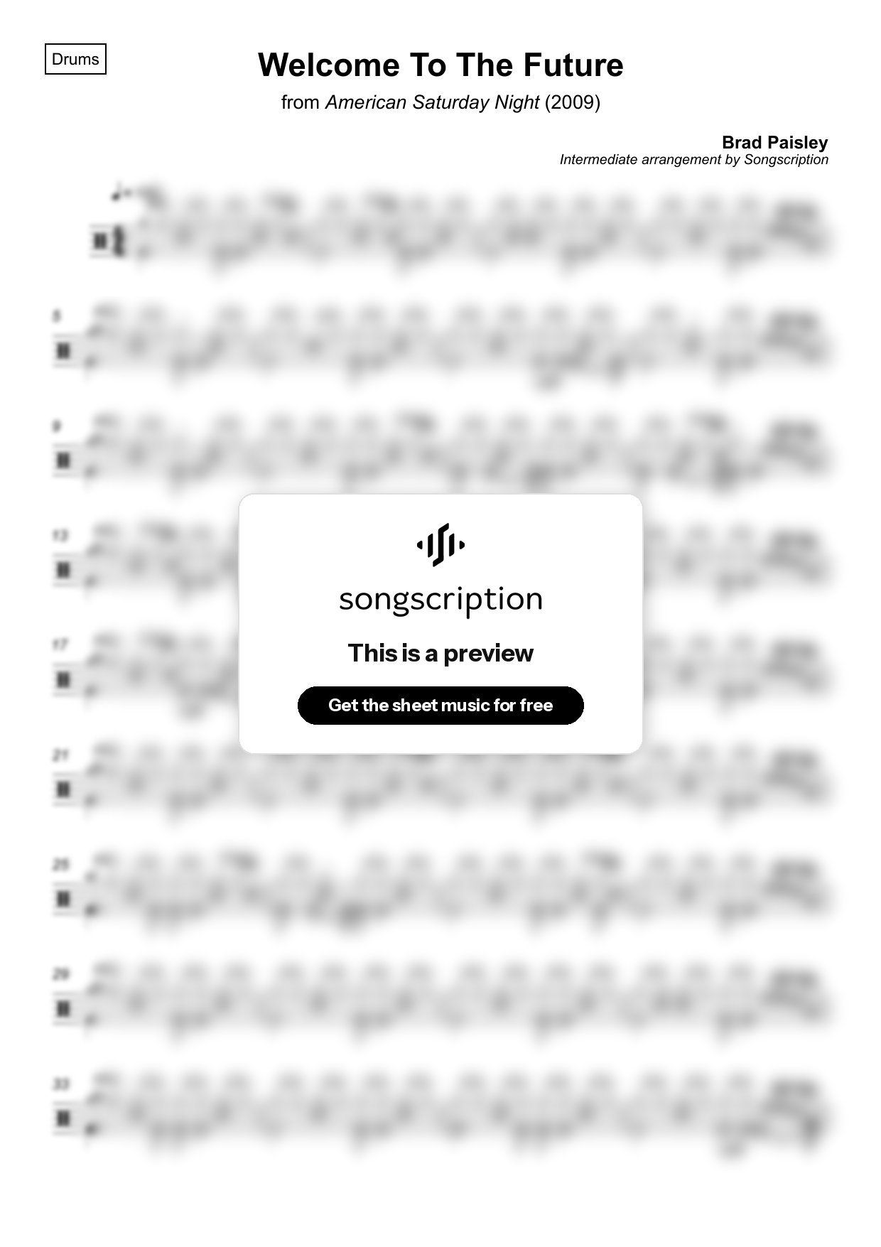 Intermediate Drums Sheet Music for "Welcome To The Future" by Brad Paisley