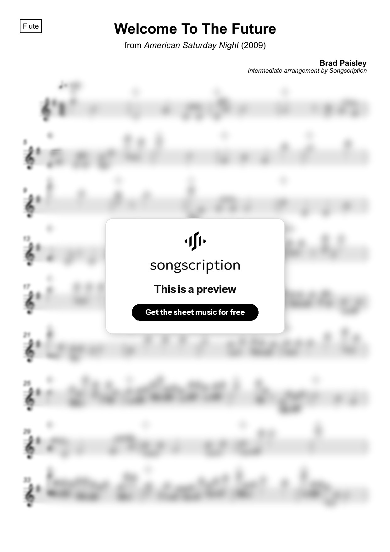 Intermediate Flute Sheet Music for "Welcome To The Future" by Brad Paisley