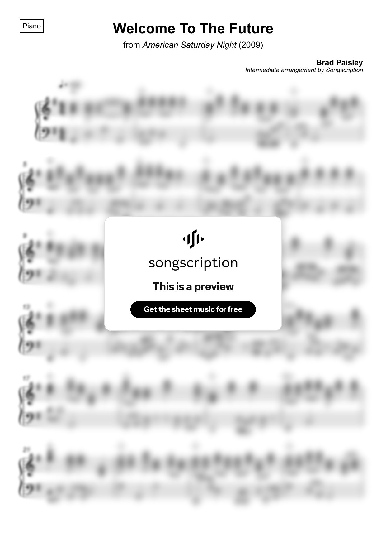 Intermediate Piano Sheet Music for "Welcome To The Future" by Brad Paisley