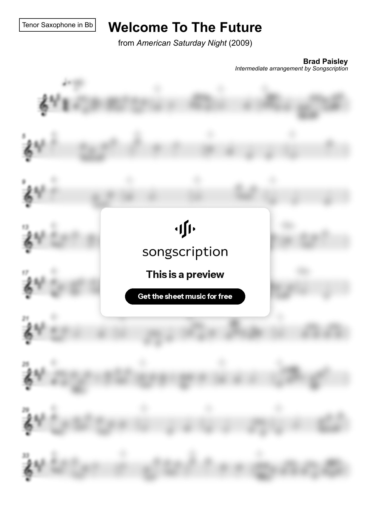 Intermediate Tenor Sax Sheet Music for "Welcome To The Future" by Brad Paisley