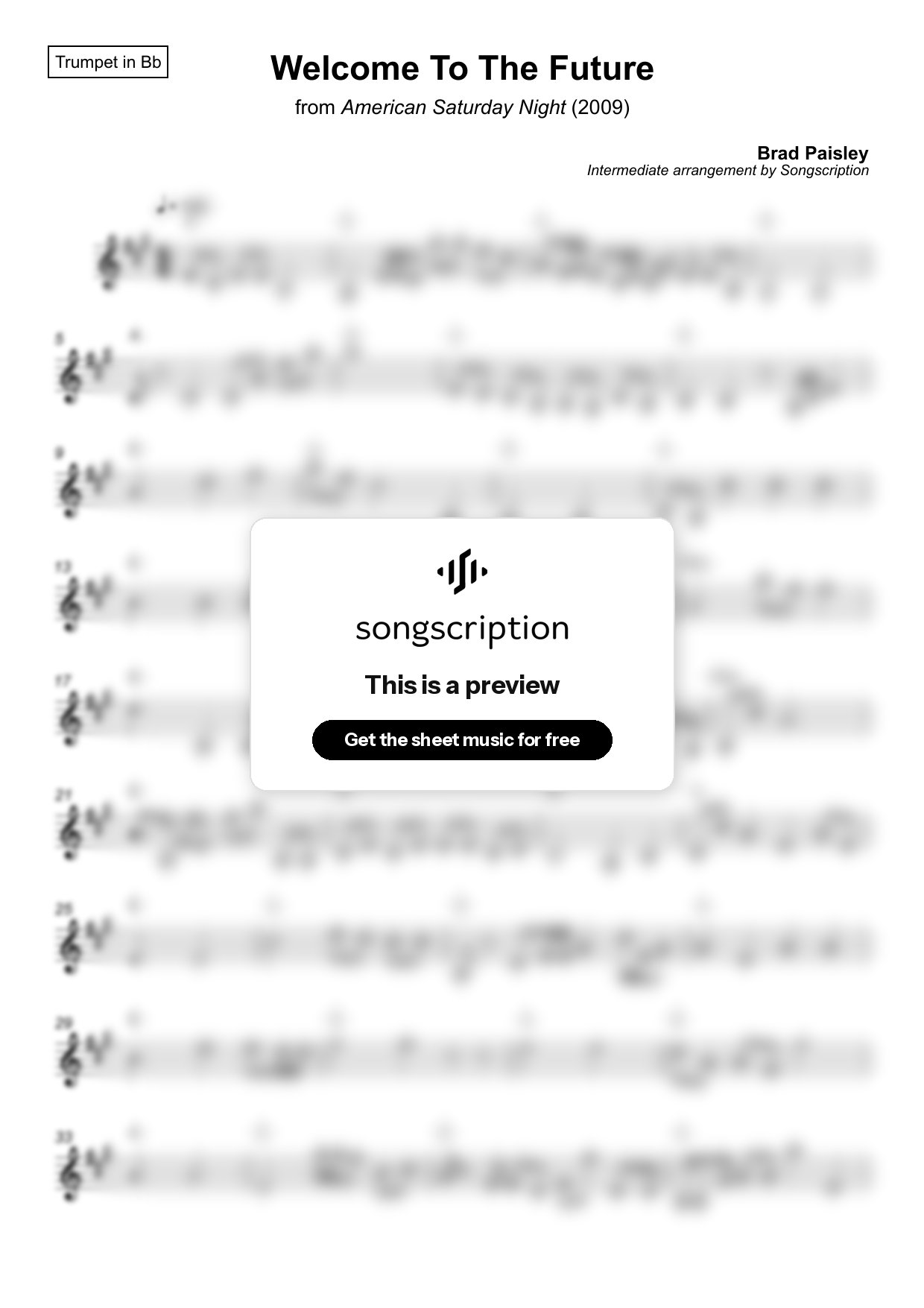 Intermediate Trumpet Sheet Music for "Welcome To The Future" by Brad Paisley