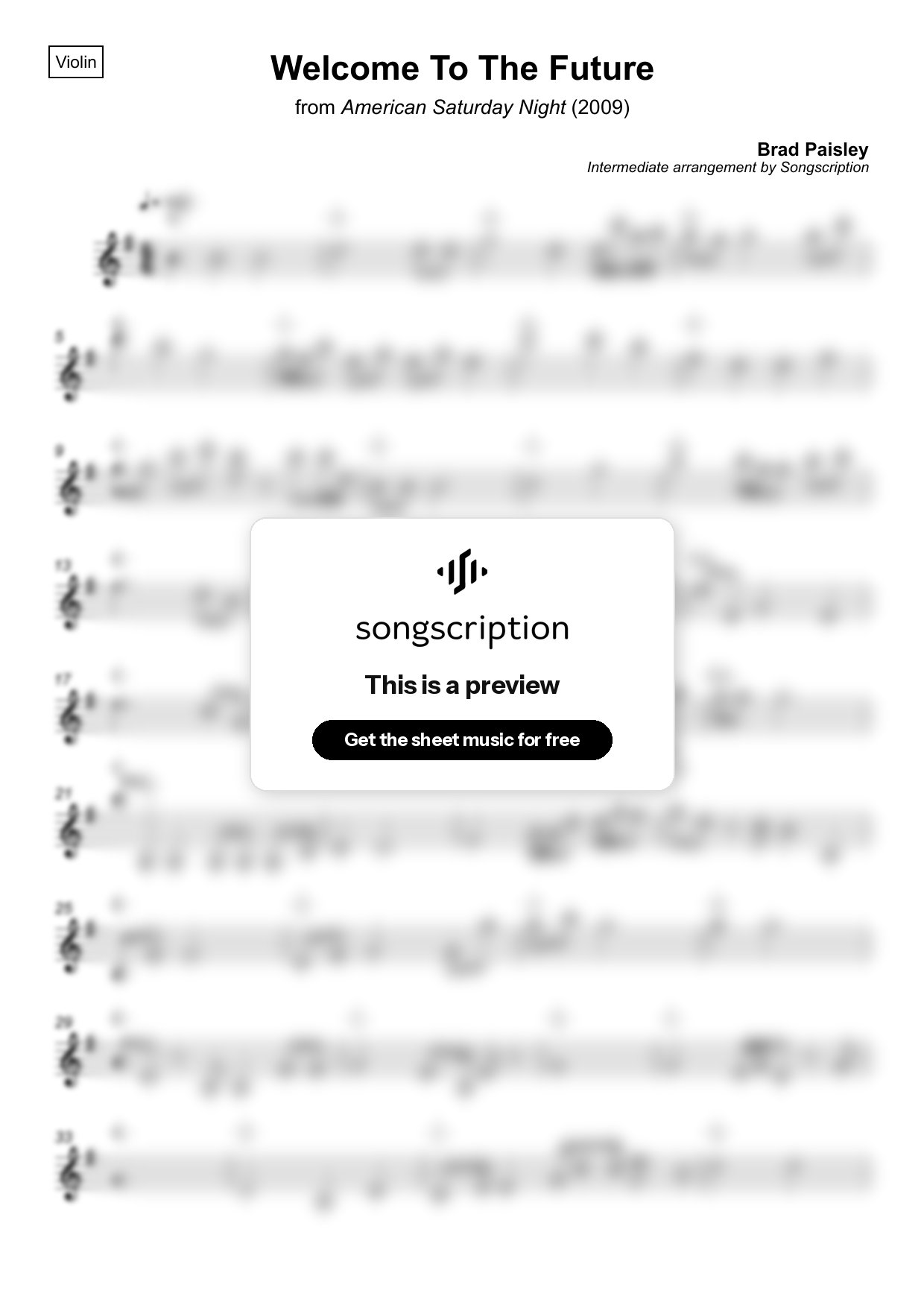 Intermediate Violin Sheet Music for "Welcome To The Future" by Brad Paisley