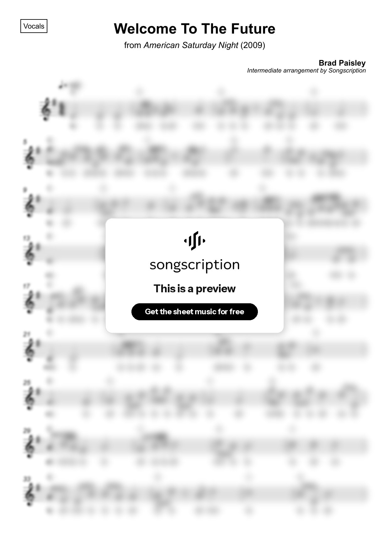 Intermediate Vocals Sheet Music for "Welcome To The Future" by Brad Paisley