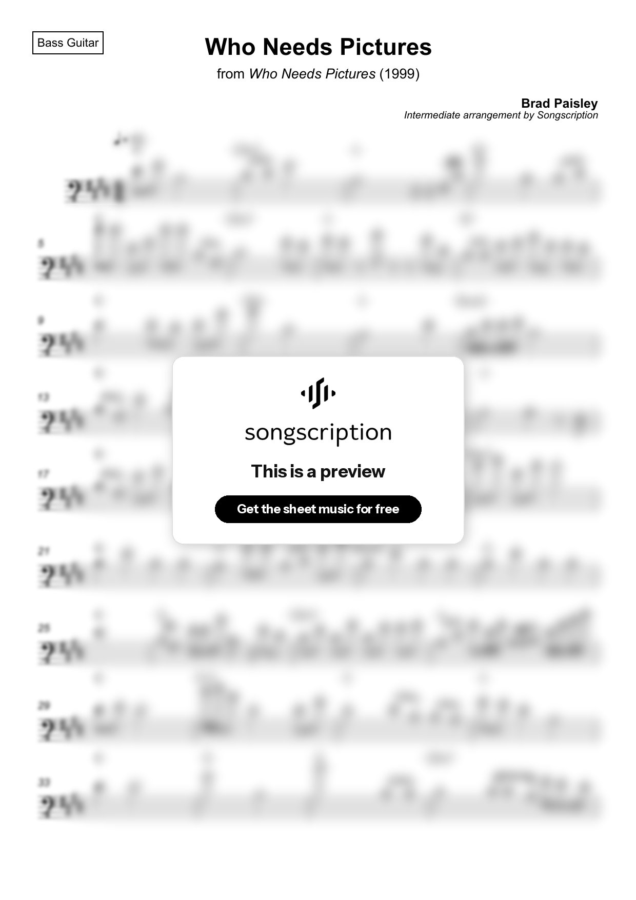 Intermediate Bass Guitar Sheet Music for "Who Needs Pictures" by Brad Paisley