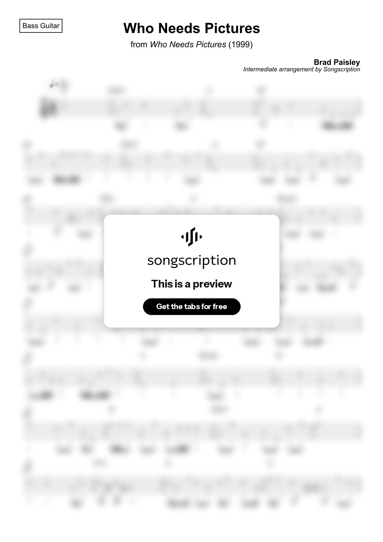 Intermediate Bass Guitar Tabs for "Who Needs Pictures" by Brad Paisley
