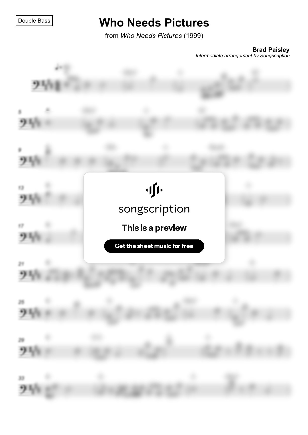 Intermediate Double Bass Sheet Music for "Who Needs Pictures" by Brad Paisley