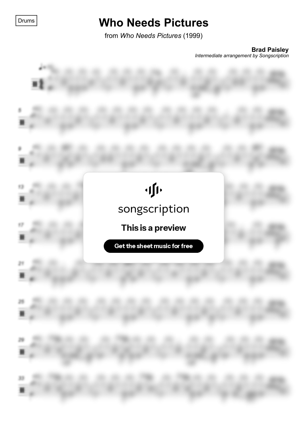 Intermediate Drums Sheet Music for "Who Needs Pictures" by Brad Paisley