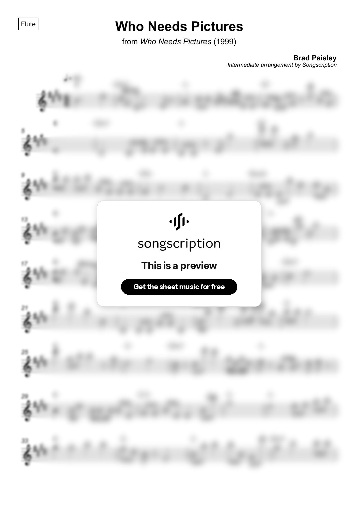 Intermediate Flute Sheet Music for "Who Needs Pictures" by Brad Paisley