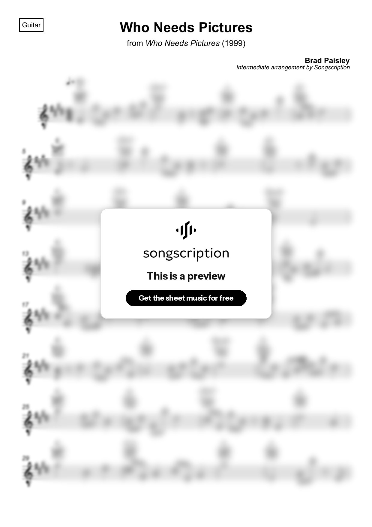 Intermediate Acoustic Guitar Sheet Music for "Who Needs Pictures" by Brad Paisley