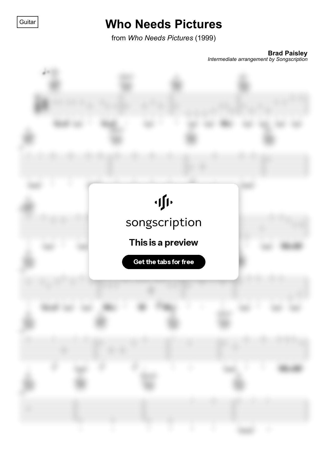 Intermediate Acoustic Guitar Tabs for "Who Needs Pictures" by Brad Paisley