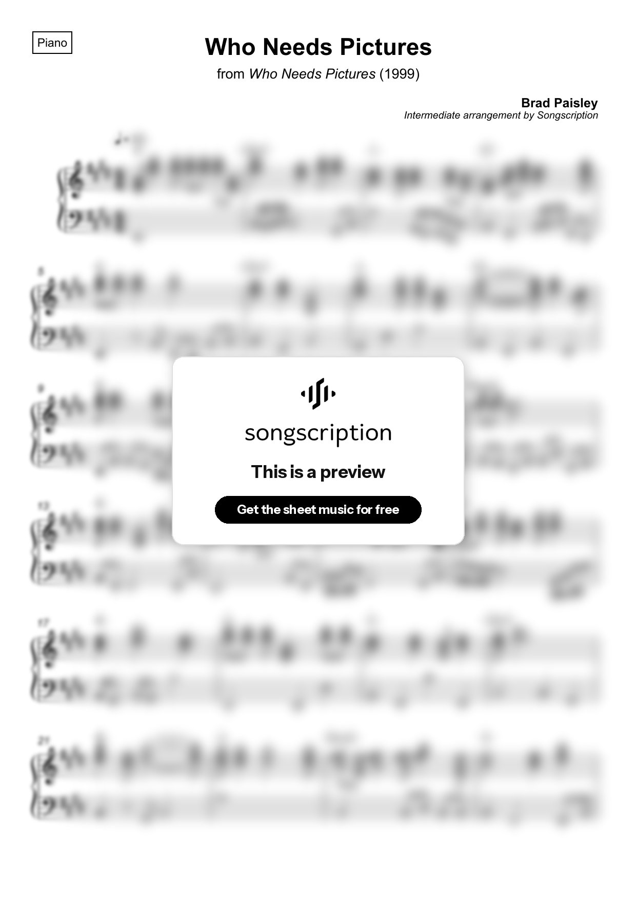 Intermediate Piano Sheet Music for "Who Needs Pictures" by Brad Paisley
