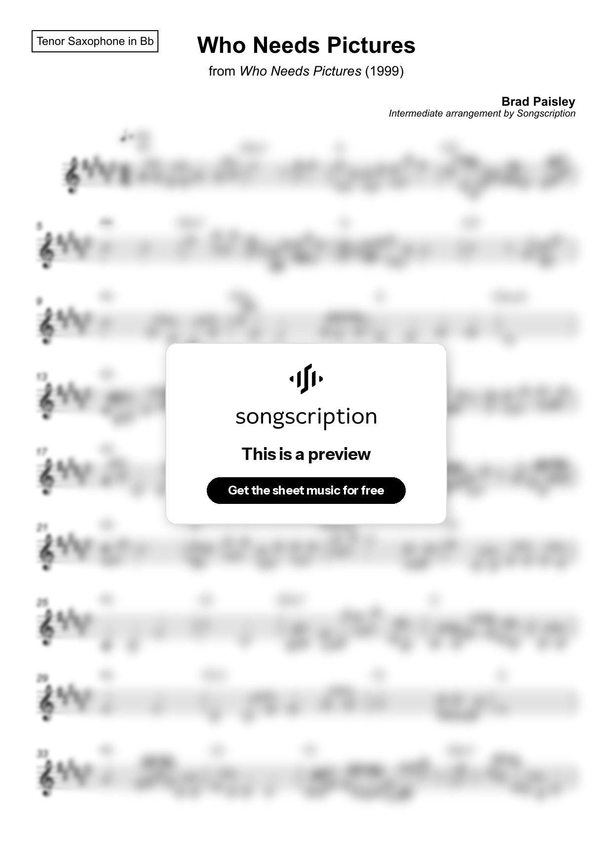 Intermediate Tenor Sax Sheet Music for "Who Needs Pictures" by Brad Paisley