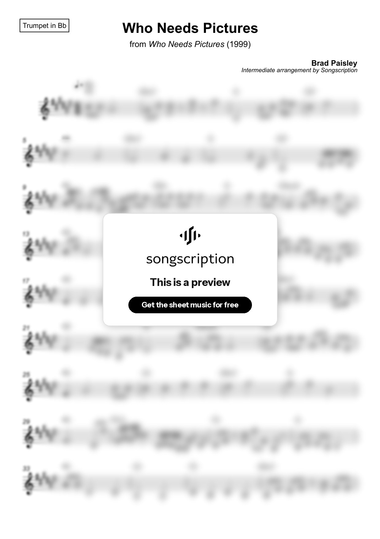 Intermediate Trumpet Sheet Music for "Who Needs Pictures" by Brad Paisley