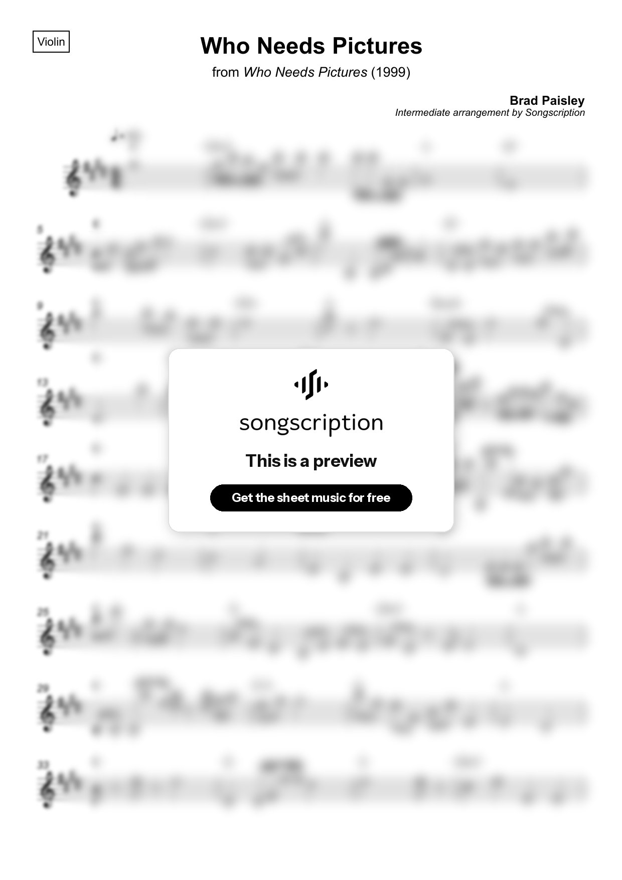 Intermediate Violin Sheet Music for "Who Needs Pictures" by Brad Paisley