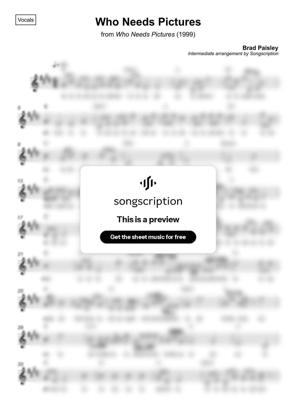 Intermediate Vocals Sheet Music for "Who Needs Pictures" by Brad Paisley
