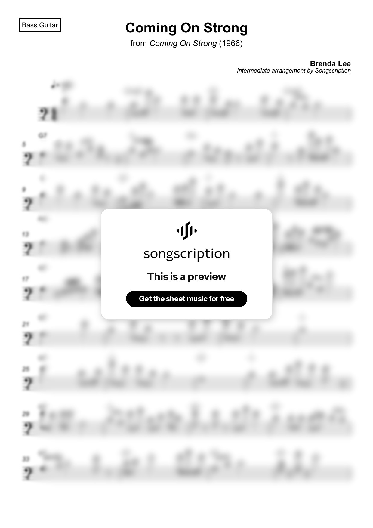Intermediate Bass Guitar Sheet Music for "Coming On Strong" by Brenda Lee