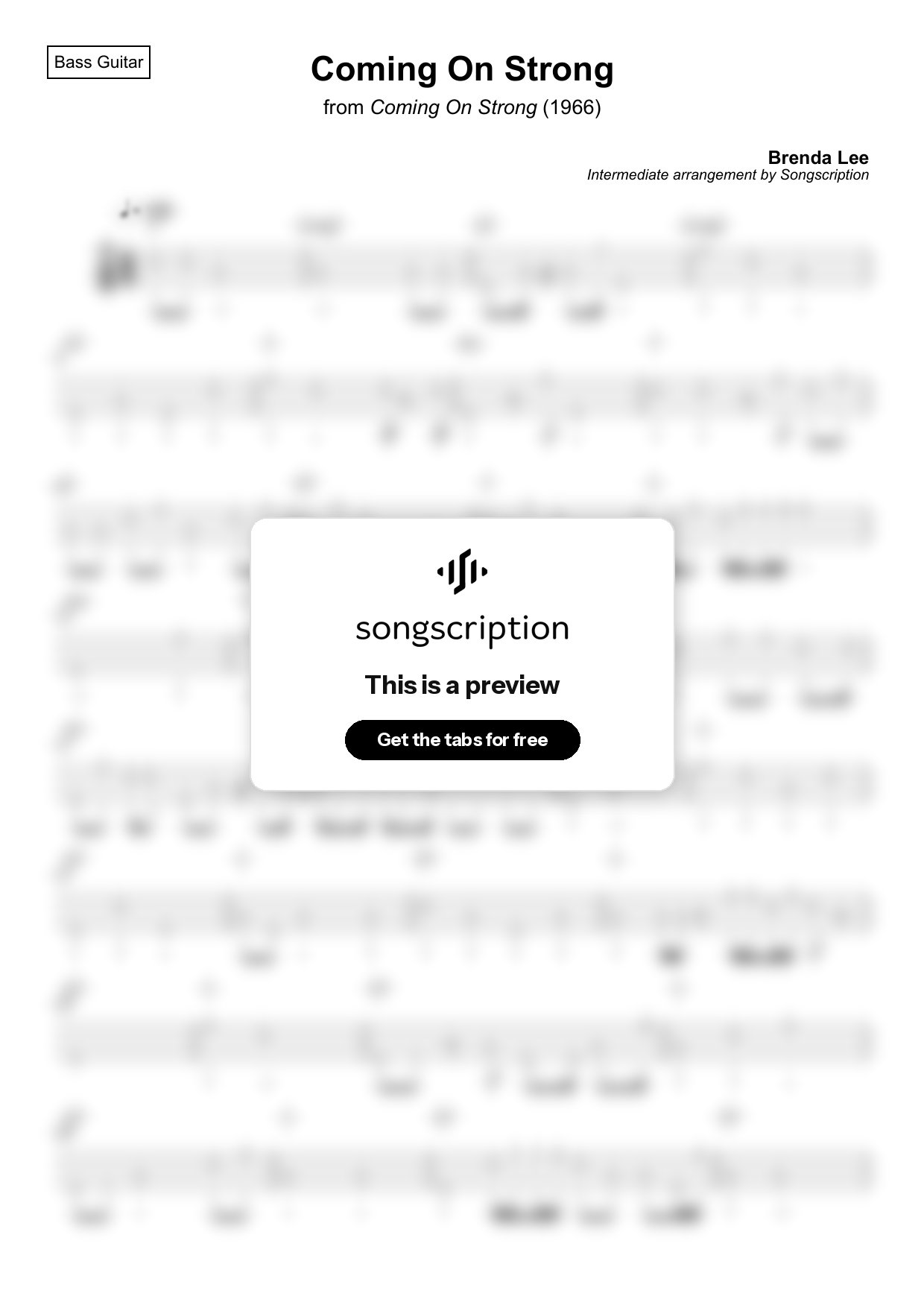 Intermediate Bass Guitar Tabs for "Coming On Strong" by Brenda Lee
