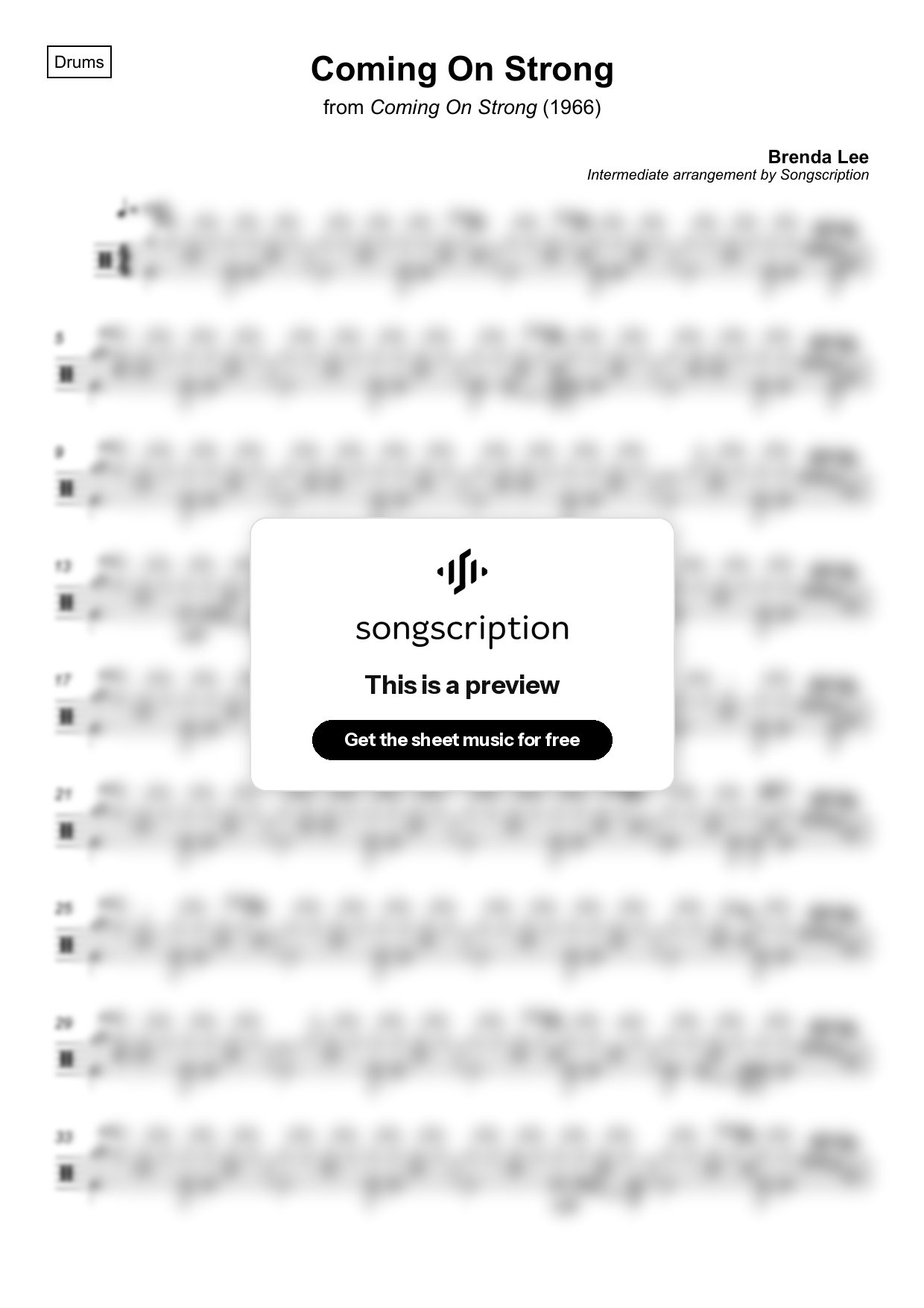 Intermediate Drums Sheet Music for "Coming On Strong" by Brenda Lee