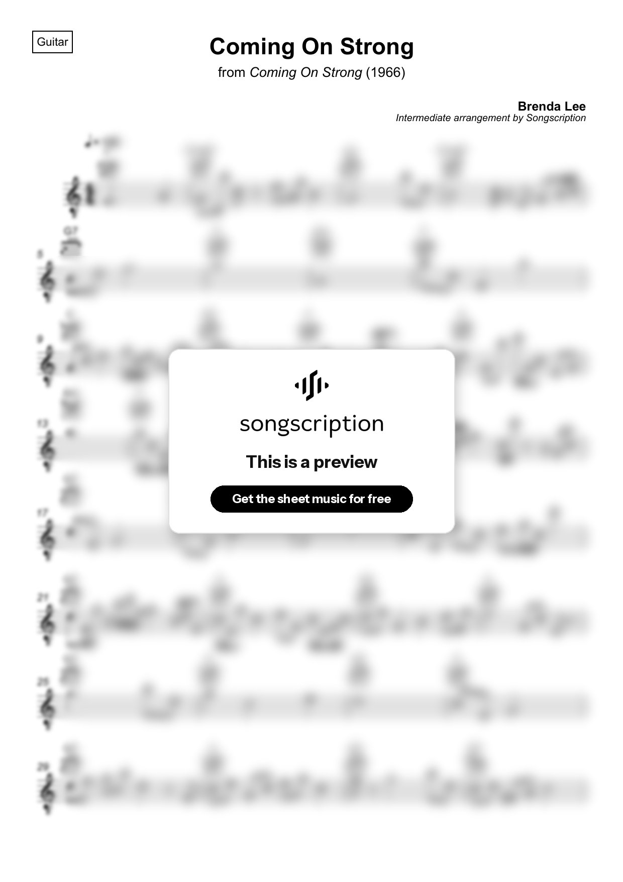 Intermediate Acoustic Guitar Sheet Music for "Coming On Strong" by Brenda Lee