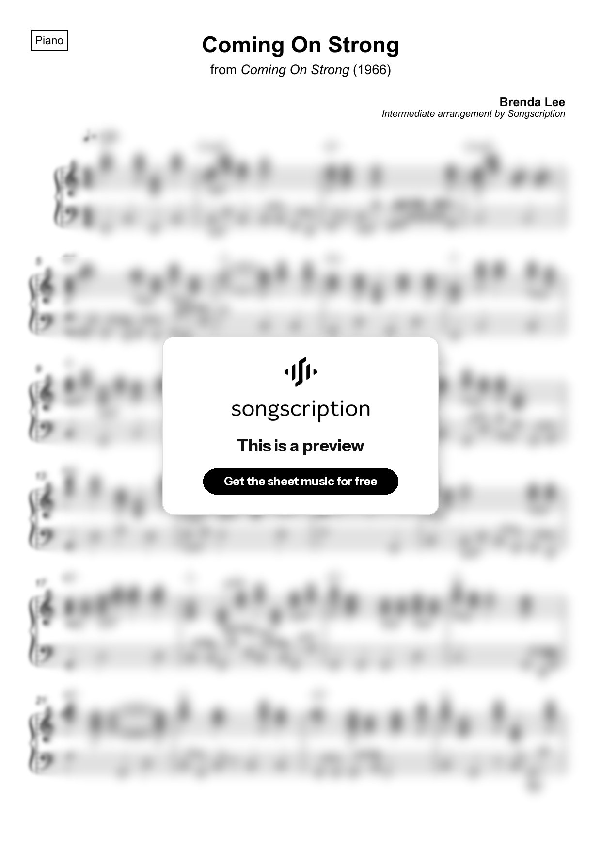 Intermediate Piano Sheet Music for "Coming On Strong" by Brenda Lee