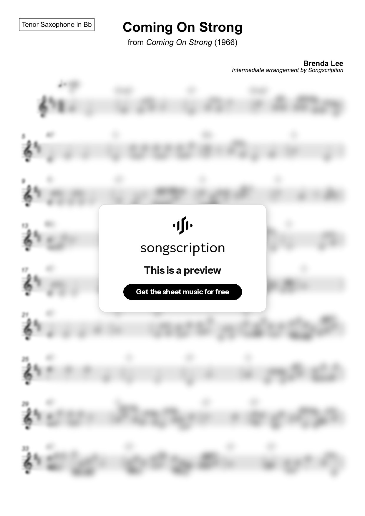 Intermediate Tenor Sax Sheet Music for "Coming On Strong" by Brenda Lee