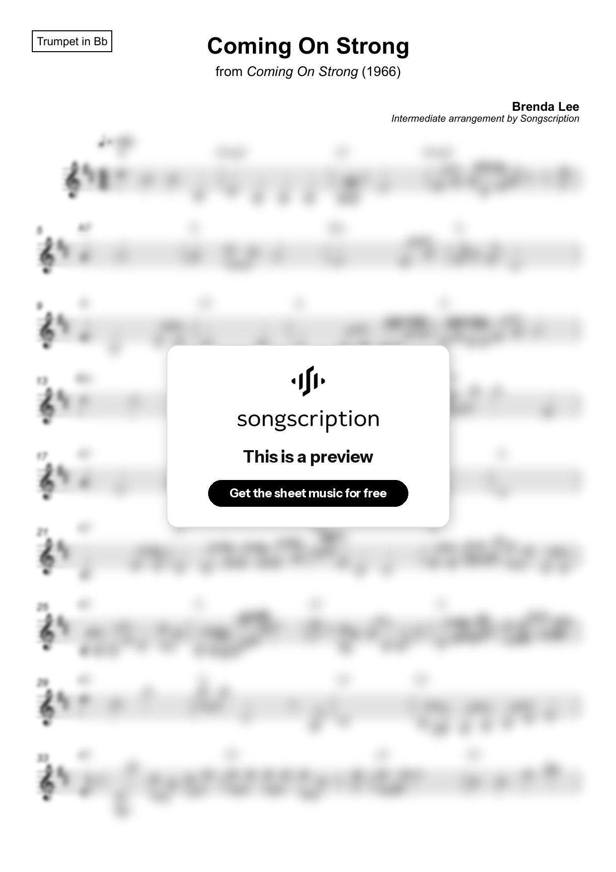 Intermediate Trumpet Sheet Music for "Coming On Strong" by Brenda Lee