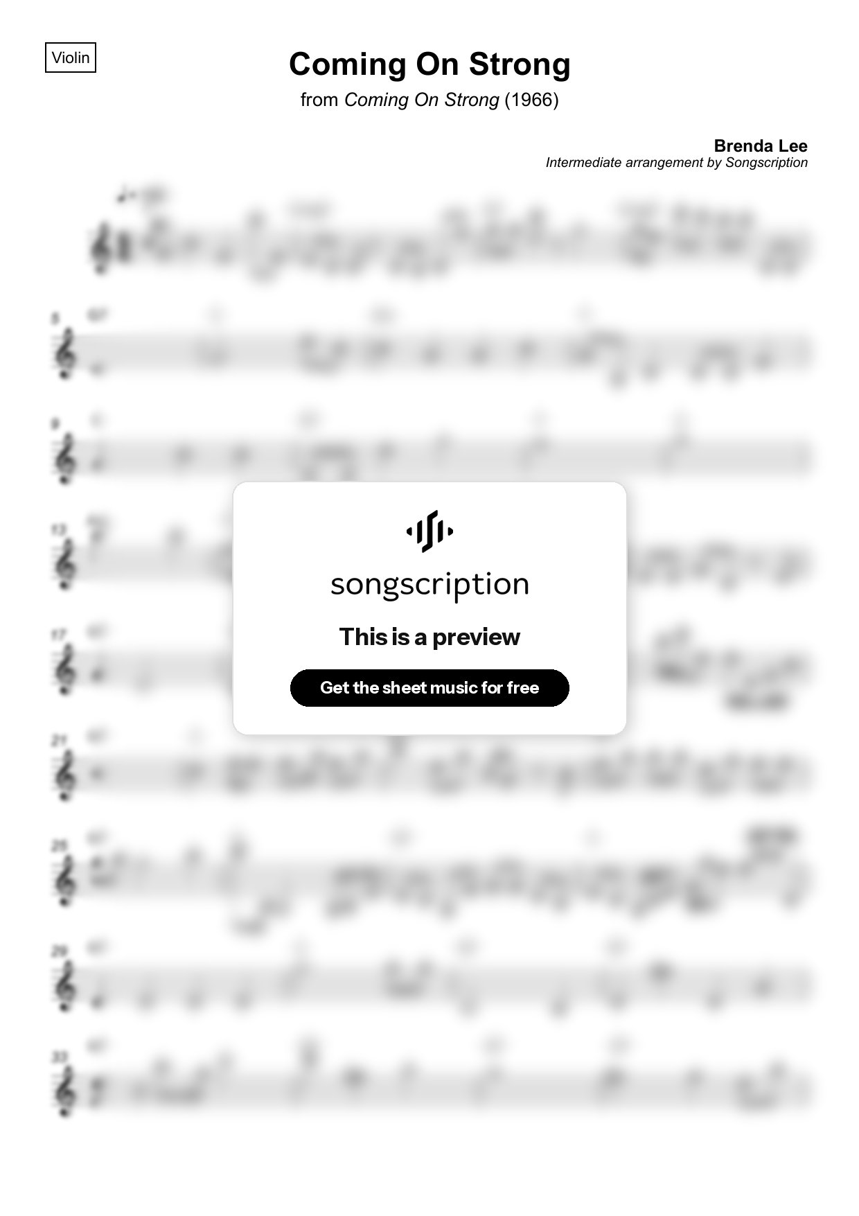 Intermediate Violin Sheet Music for "Coming On Strong" by Brenda Lee