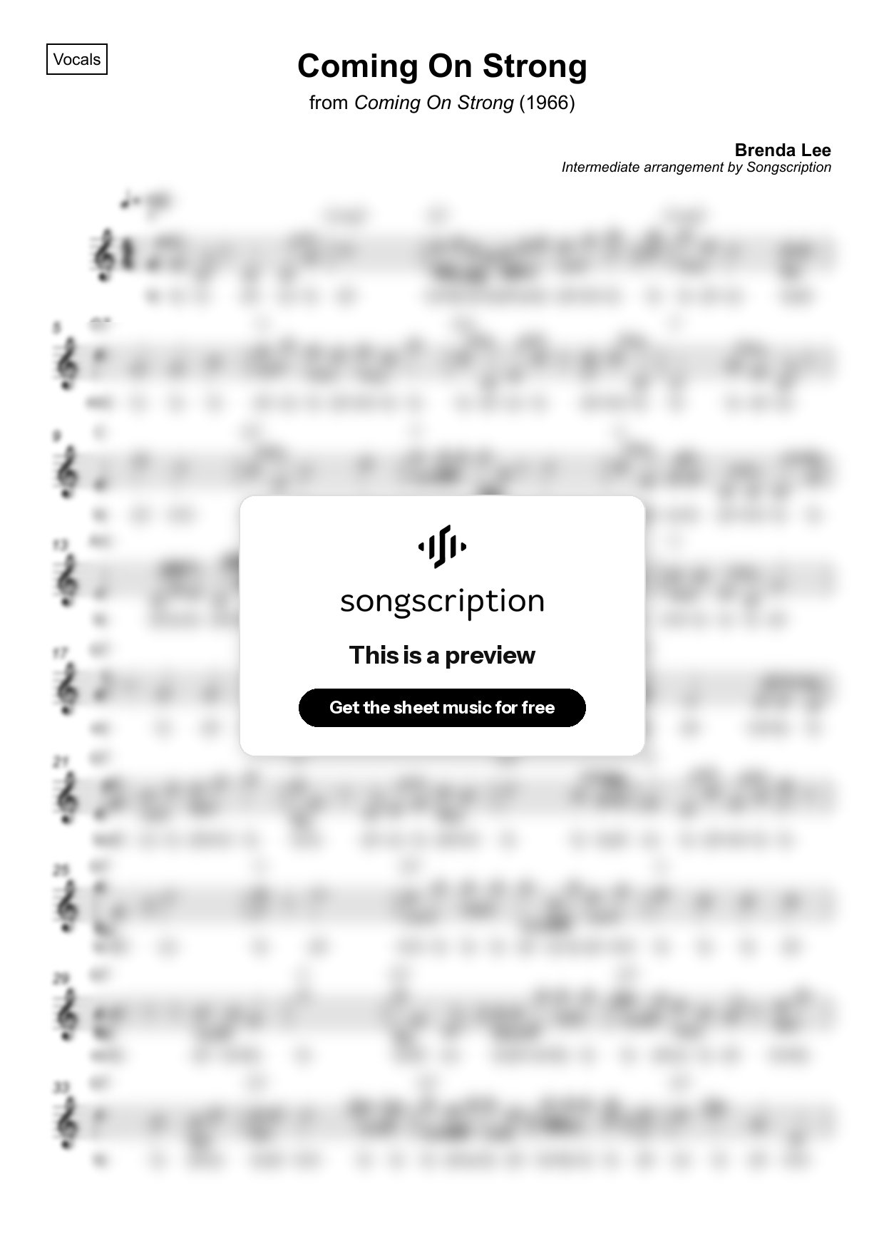 Intermediate Vocals Sheet Music for "Coming On Strong" by Brenda Lee