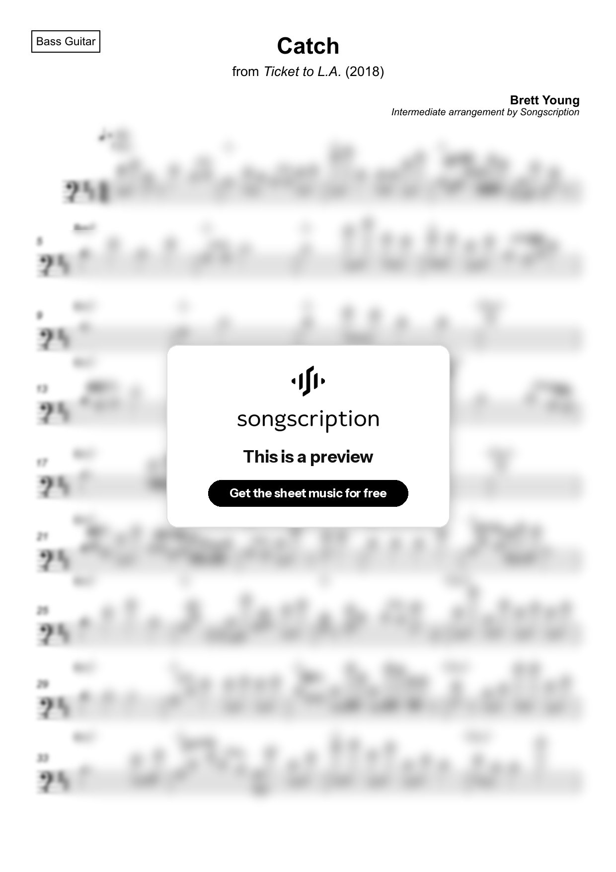Intermediate Bass Guitar Sheet Music for "Catch" by Brett Young