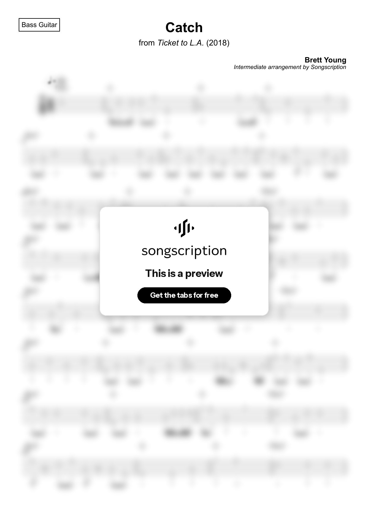 Intermediate Bass Guitar Tabs for "Catch" by Brett Young