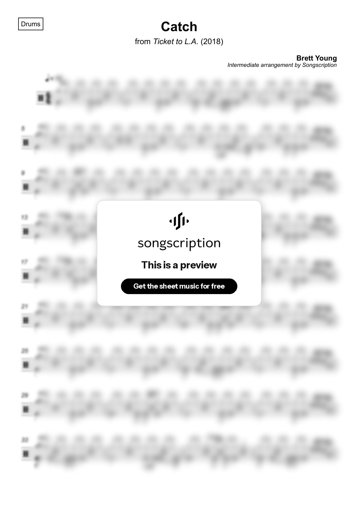 Intermediate Drums Sheet Music for "Catch" by Brett Young