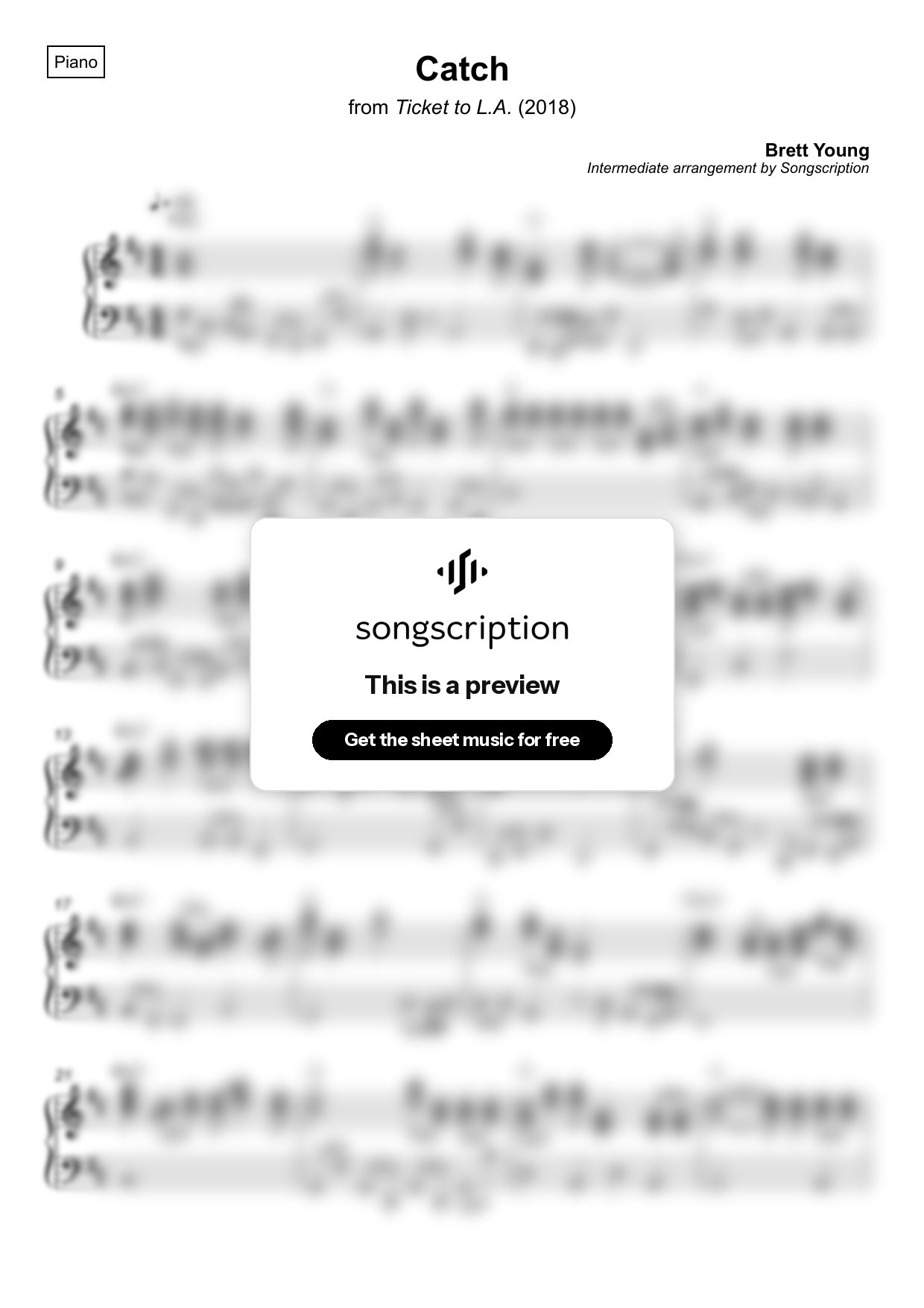 Intermediate Piano Sheet Music for "Catch" by Brett Young