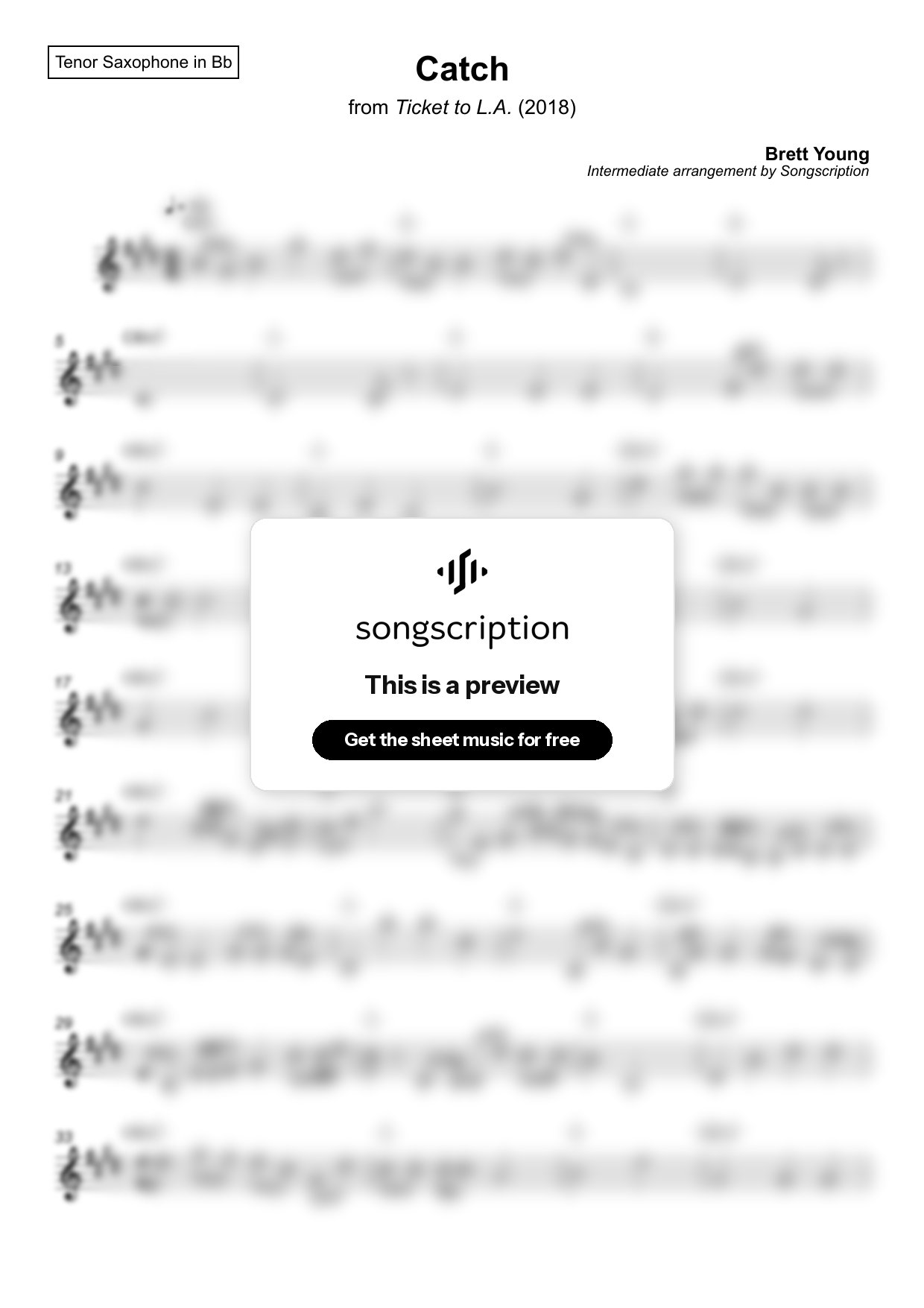 Intermediate Tenor Sax Sheet Music for "Catch" by Brett Young