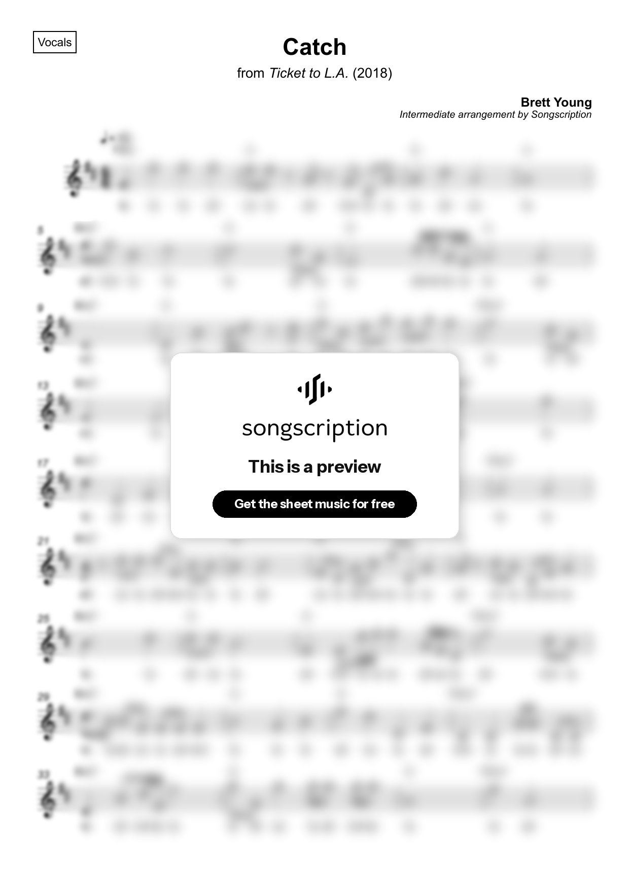 Intermediate Vocals Sheet Music for "Catch" by Brett Young