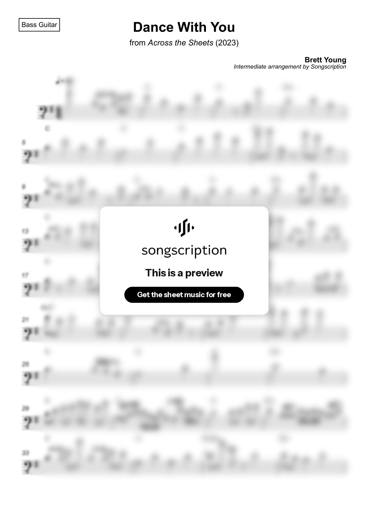 Intermediate Bass Guitar Sheet Music for "Dance With You" by Brett Young