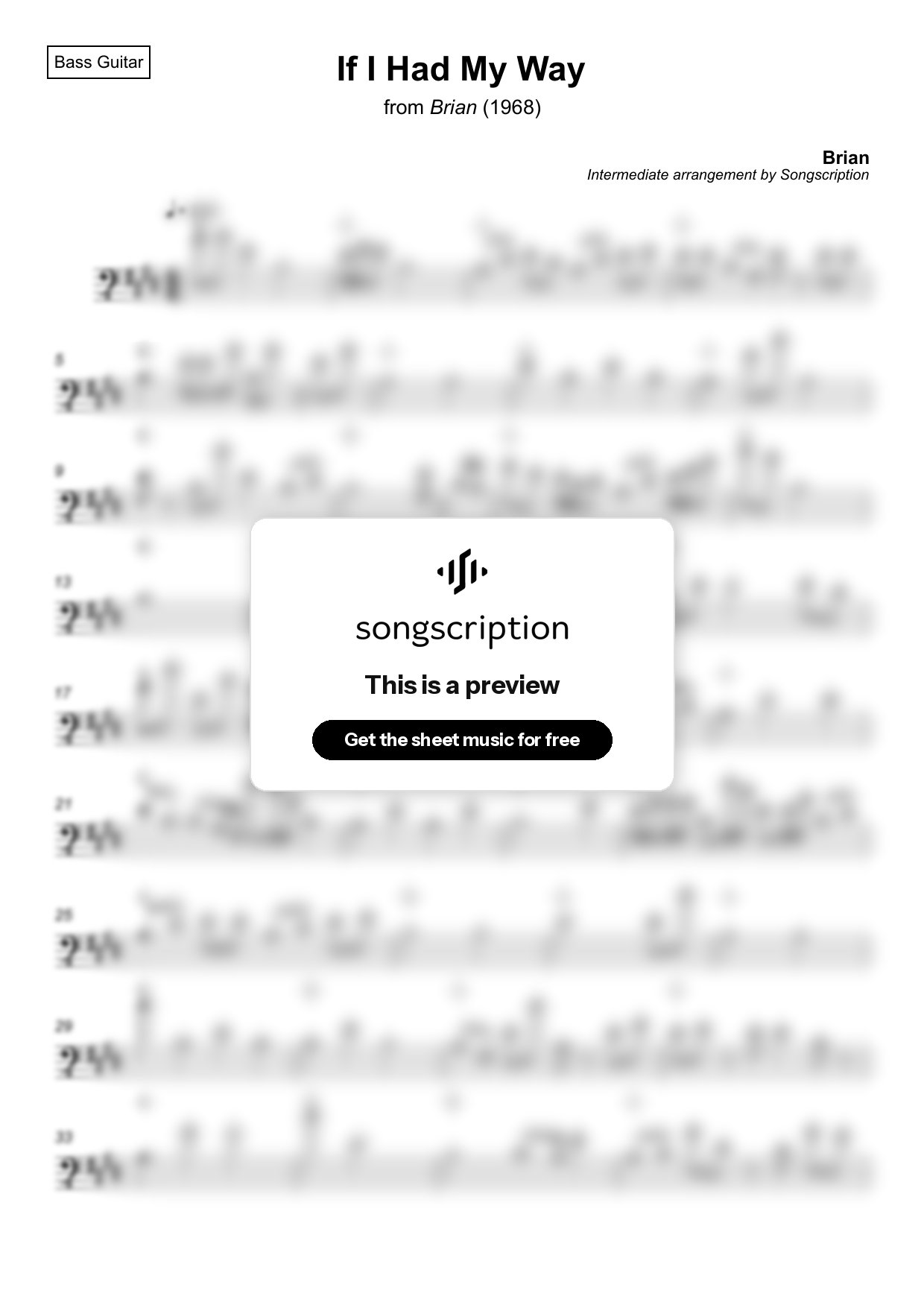 Intermediate Bass Guitar Sheet Music for "If I Had My Way" by Brian