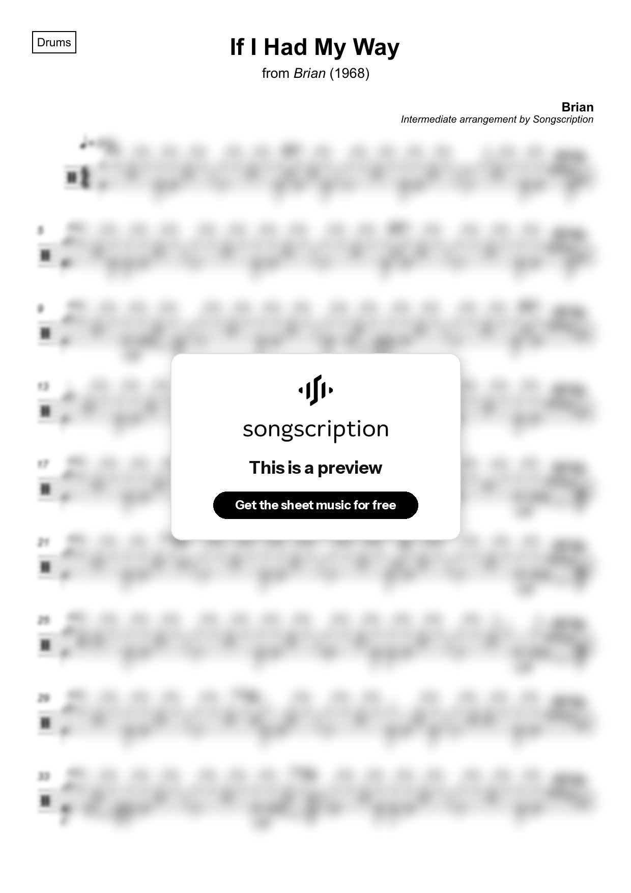 Intermediate Drums Sheet Music for "If I Had My Way" by Brian