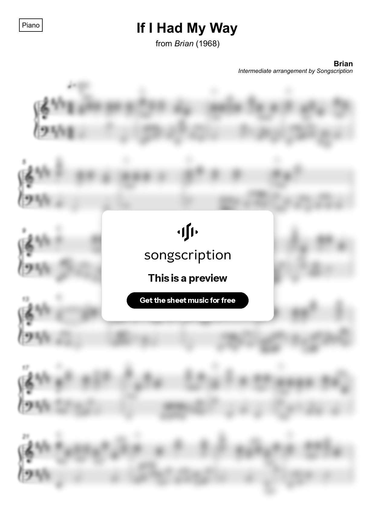 Intermediate Piano Sheet Music for "If I Had My Way" by Brian